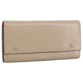 Céline-CELINE Large Flap Multi Cushion Long Wallet Leather Beige Auth hk1810-Beige