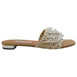 Aquazzura-Aquazzura Natural Raffia Crystal Cote Flat Sandals-Cream