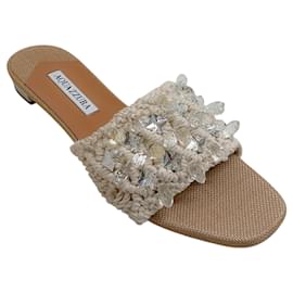 Aquazzura-Aquazzura Natural Raffia Crystal Cote Flat Sandals-Cream