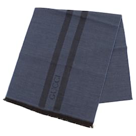 Gucci-Cachecol de lã em padrão herringbone com logo GUCCI azul marrom-Azul