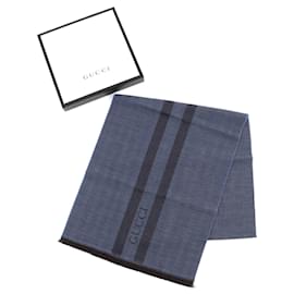 Gucci-Cachecol de lã em padrão herringbone com logo GUCCI azul marrom-Azul