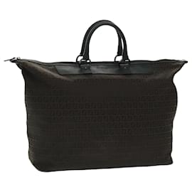 Fendi-FENDI Zucchino Canvas Boston Bag Dark Brown Black Silver Auth bs19297-Black,Silvery,Dark brown