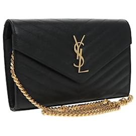 Saint Laurent-SAINT LAURENT V Stitch Chain Long Wallet Leather Black Gold Auth bs19416A-Black,Golden