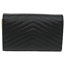 Saint Laurent-SAINT LAURENT V Stitch Chain Long Wallet Leather Black Gold Auth bs19416A-Black,Golden