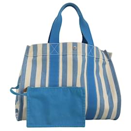Hermès-HERMES Cannes GM Sac Tote Toile Bleu Argent Auth 97409-Argenté,Bleu
