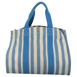 Hermès-HERMES Cannes GM Sac Tote Toile Bleu Argent Auth 97409-Argenté,Bleu
