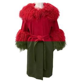 Autre Marque-Fleurette Red Wool Belted Coat with Tibetan Lamb Collar-Red