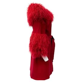 Autre Marque-Fleurette Red Wool Belted Coat with Tibetan Lamb Collar-Red