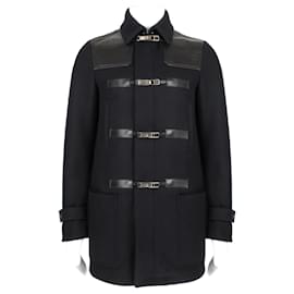 Valentino Garavani-Valentino Leather Detailed Duffle Coat-Black,Blue