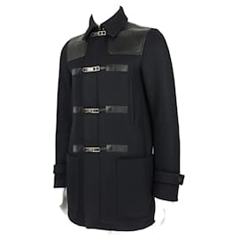 Valentino Garavani-Valentino Leather Detailed Duffle Coat-Black,Blue