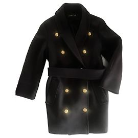Balmain pour H&M Schwarzer Wollmantel mit Gürtel Schwarz
