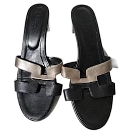 Hermès-Hermes Leather Nappa Oasis Heels Black/Silver Grey Size 41-Black,Silvery