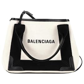 Balenciaga-Balenciaga Navy XS Cabas Tote Bag in Ecru Canvas-White,Cream