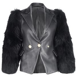 Balmain Single Breasted Fur Sleeve Blazer in Black Leather Black
