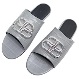 Balenciaga-NINE BALENCIAGA SHOES SANDALS 629537 OVAL BB LOGO 39 CROCODILE LEATHER SHOES-Grey