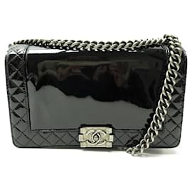 Chanel-CHANEL GRAND BOY HAND BAG IN BLACK PATENT LEATHER WITH SHOULDER STRAP-Black