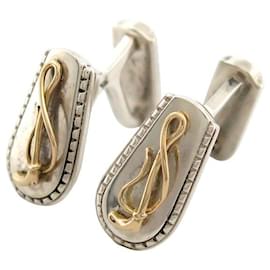 Hermès-VINTAGE HERMES CUFFLINKS WHIPS GOLD 18K & SILVER 925-Silvery