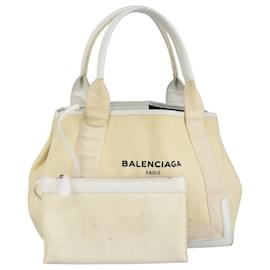 Balenciaga-BALENCIAGA Navy Cabas S Hand Bag Canvas Leather Silver White 339933 Auth 97500-Silvery,White