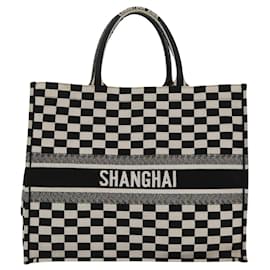 Christian Dior-Christian Dior Check Book Tote Bag Canvas White Black Auth bs19322-Black,White