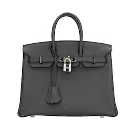 Hermès-Hermes Birkin 25 Handbag in Togo Leather-Brown,Damier ebene
