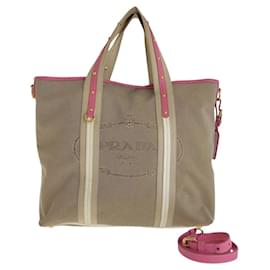 Prada-Prada Logo Jacquard Canvas Leather Tote Bag-Beige