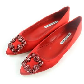 Manolo Blahnik Hangishi Satin Flat Pumps Red 37 Red