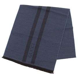 Cachecol de lã em padrão herringbone com logo GUCCI azul marrom Outro