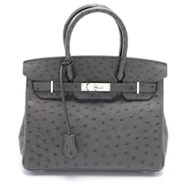 Hermès-Sac à main Hermès Birkin 30 Autruche Graphite-Gris
