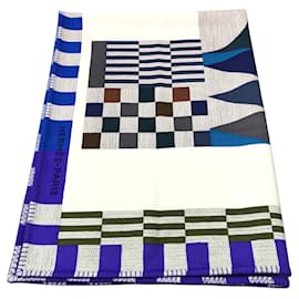 Hermès-Hermes Cheval Natte Cashmere Blanket Blue White-Blue