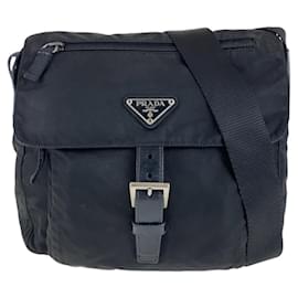 Prada-Prada Nylon Leather Tessuto Logo Shoulder Bag-Black