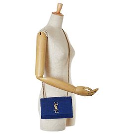 Yves Saint Laurent Tweed YSL Logo Chain Shoulder Bag Blue