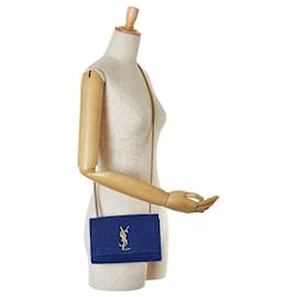 Borsa a spalla in tweed con logo YSL Yves Saint Laurent Blu