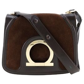 Salvatore Ferragamo Gancini Suede Leather Shoulder Bag Brown