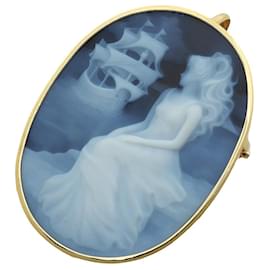 Autre Marque-Stone Cameo Pendant Brooch K18YG Chalcedony-Golden