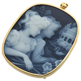 Autre Marque-K18YG Chalcedony Stone Cameo Pendant Brooch-Golden