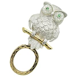 Autre Marque-Owl Pendant Brooch K18WG/K18YG Green Garnet Shell-White