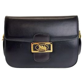 Céline Celine Vintage Leather Shoulder Bag Black Gold Black