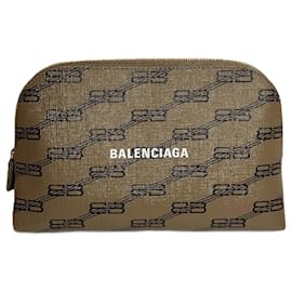 Balenciaga-Balenciaga BB Monogram Cosmetic Pouch Handbag-Brown