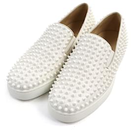 Christian Louboutin-Christian Louboutin Spike Studs Leather Slip-on Shoes-White