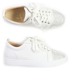 Christian Louboutin-Christian Louboutin Lewis Jr. Rhinestone Leather Sneakers-White