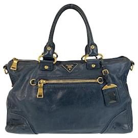 Prada-Prada Blue Leather Triangle Logo Tote Bag-Blue
