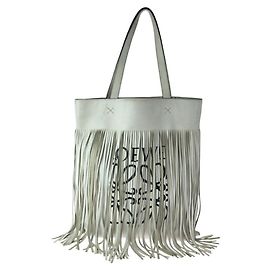 Loewe Anagram Leather Fringe Tote Bag White