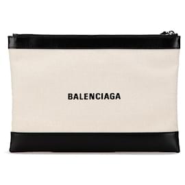 Balenciaga-Balenciaga Navy Clip M Canvas Leather Clutch-Beige