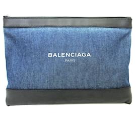 Balenciaga-Balenciaga Denim Canvas Leather Clutch-Blue