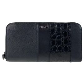 Prada Saffiano Leather Crocodile Long Wallet Black