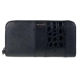 Prada-Prada Saffiano Leather Crocodile Long Wallet-Black