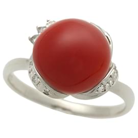 Autre Marque-Platinum Pt900 Coral Ring with Diamonds-Red