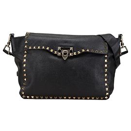 Borsa a spalla in pelle con borchie Valentino nera e oro Nero