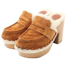 Chloé Chloe Joy Clogs Sheepskin Sandals Brown