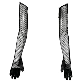 Alexander Mcqueen-Alexander McQueen Mesh Gloves with Leather in Black Polyamide-Black